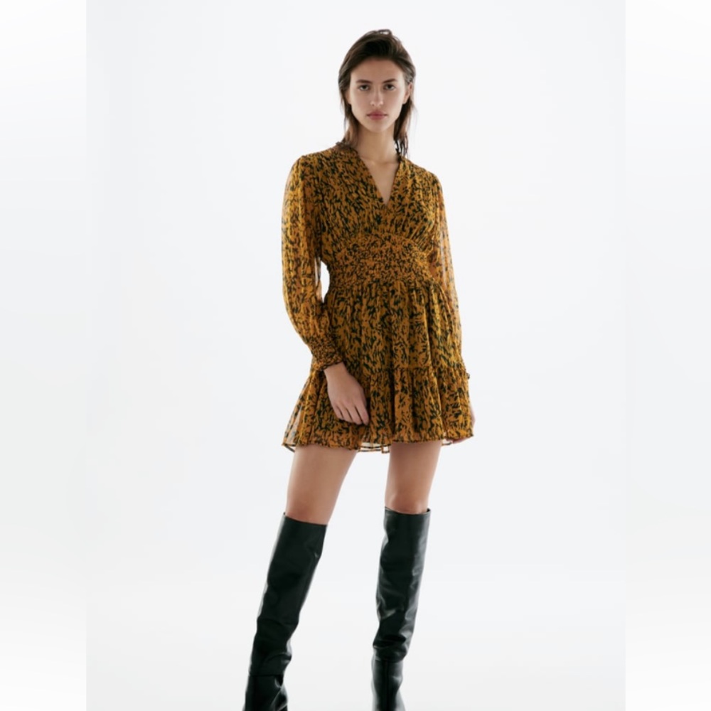 ZARA Animal Print Long Sleeve Mini Dress XL NWOT Gold Black Elastic Waistband